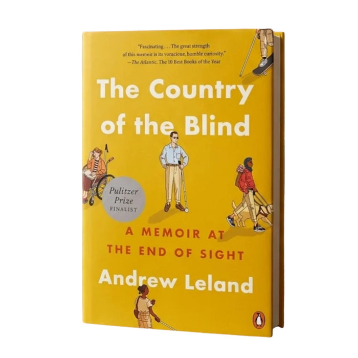 The Country of the Blind book by Andrew Leland, featuring a bright yellow cover with white and red text and several illustrated figures, shown on a plain white background.