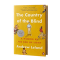 The Country of the Blind book by Andrew Leland, featuring a bright yellow cover with white and red text and several illustrated figures, shown on a plain white background.