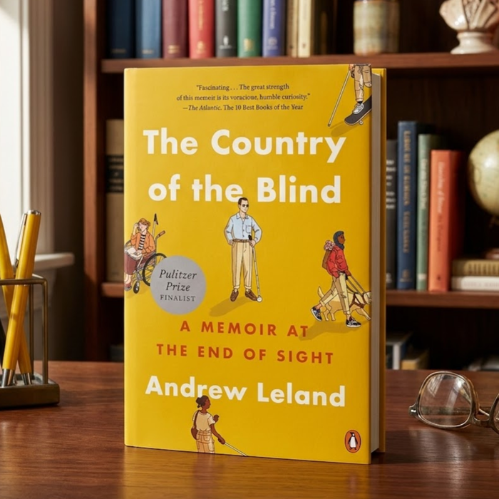 The Country of the Blind memoir book displayed on a desk in a home library.