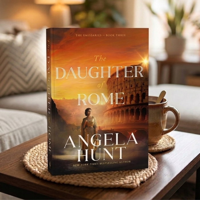 The Daughter of Rome book on a coffee table in a living room.