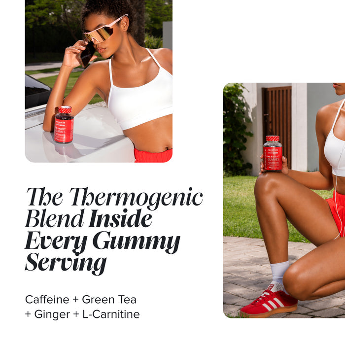 Promotional graphic for a gummy supplement bottle. Two women are shown outdoors holding a red bottle labeled 'The Thermogenic Blend'.