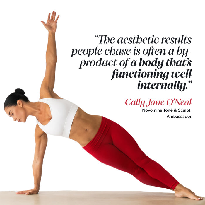 Cally Jane O'Neal, Novomins Tone & Sculpt ambassador, holds a side plank in a white sports bra and red leggings, beside her quote: 'The aesthetic results people chase is often a by-product of a body that's functioning well internally.'