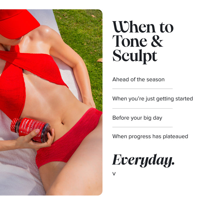 A woman in a red bikini and cap lies on a towel on grass holding a bottle of Novomins Tone & Sculpt Gummies, beside the heading 'When to Tone & Sculpt' listing ahead of the season, when you're just getting started, before your big day, when progress has plateaued, and everyday.