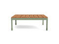 Wooden outdoor coffee table with a light green metal frame and slatted top. Simple, modern design. Ideal for garden or patio use.