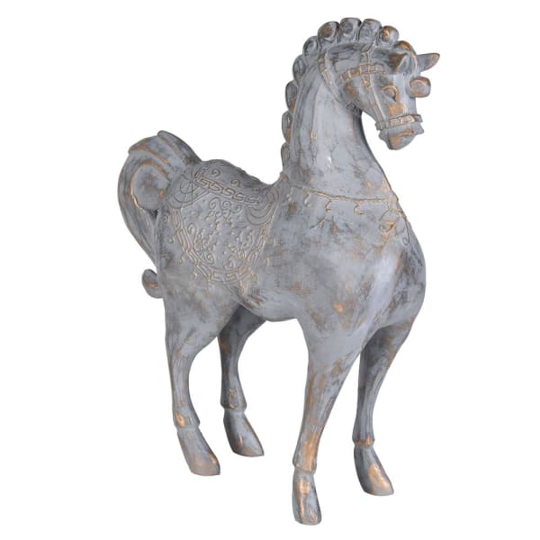 A decorative horse figurine with a distressed gray finish and gold-toned detailing, shown against a plain white background.