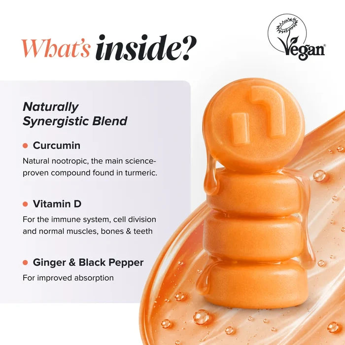 Graphic headed 'What's inside?' with a Vegan Society logo, beside a stack of glossy orange gummies, describing a naturally synergistic blend of curcumin, the main science-proven compound found in turmeric, vitamin D for the immune system, cell division and normal muscles, bones and teeth, and ginger and black pepper for improved absorption.