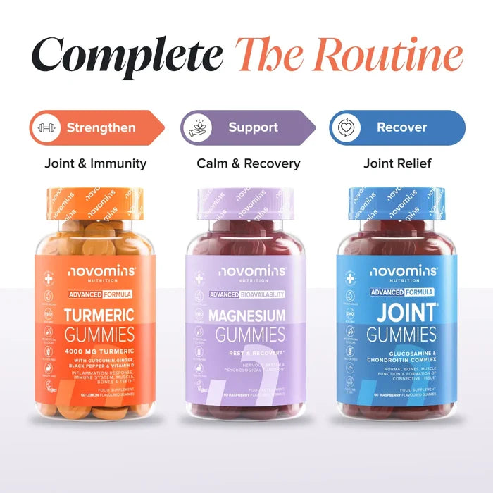 Three bottles headed 'Complete The Routine' - Turmeric Gummies labelled Strengthen for joint and immunity, Magnesium Gummies labelled Support for calm and recovery, and Joint Gummies labelled Recover for joint relief.