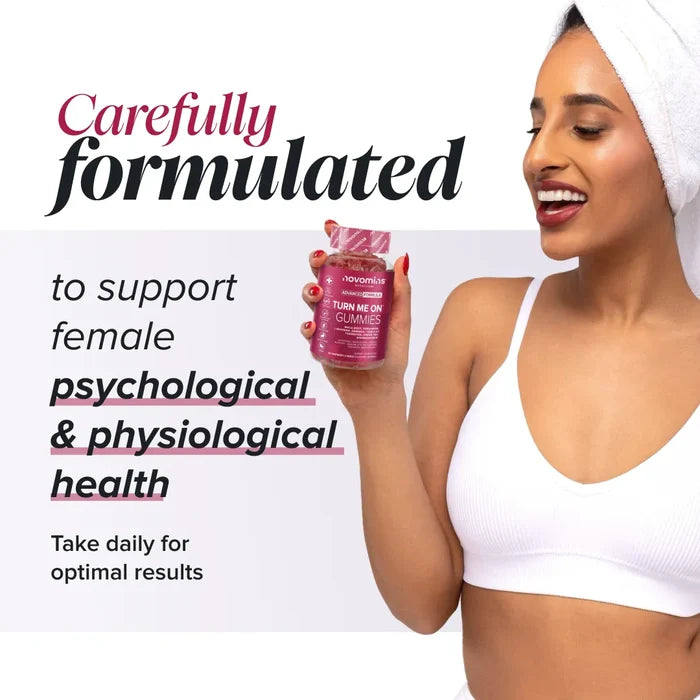 A smiling woman with a towel wrapped around her hair holds a bottle of Novomins Turn Me On Gummies, headed 'Carefully formulated to support female psychological and physiological health' and to be taken daily for optimal results.