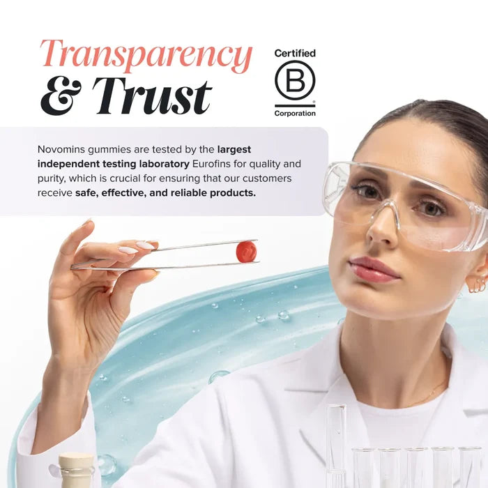 A scientist in a white coat and safety glasses holds a round coral gummy with tweezers beside text headed 'Transparency & Trust', explaining that Novomins gummies are tested by the largest independent testing laboratory Eurofins for quality and purity, with a Certified B Corporation logo.