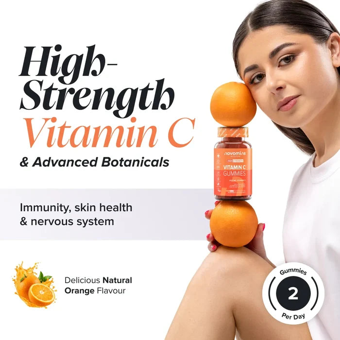 A woman balances a bottle of Novomins Vitamin C Gummies between two oranges against her shoulder, headed 'High-Strength Vitamin C & Advanced Botanicals' for immunity, skin health and nervous system, in a natural orange flavour with two gummies per day.