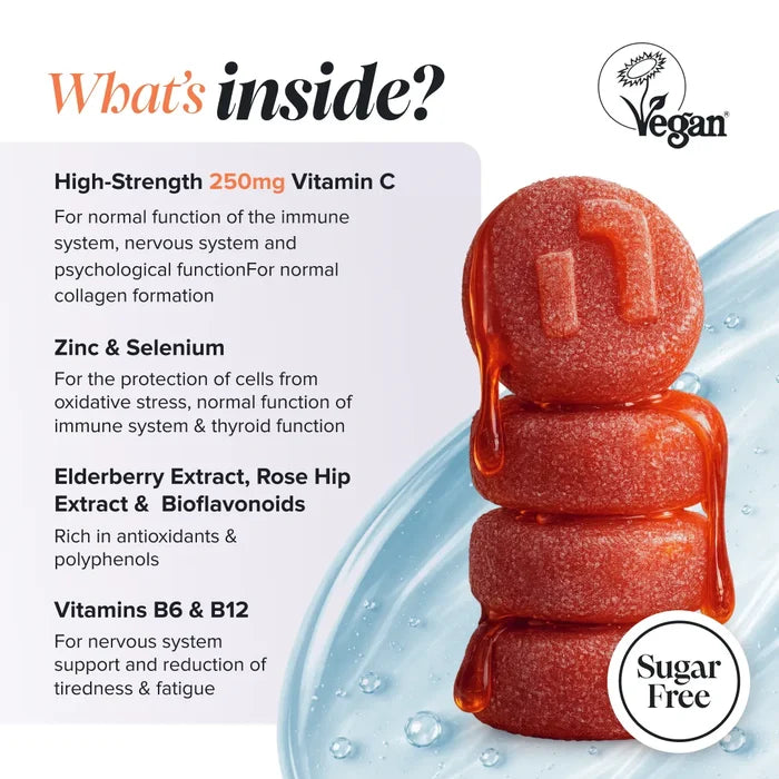 Graphic headed 'What's inside?' with a Vegan Society logo and a sugar free badge, beside a stack of glossy red gummies, listing high-strength 250 mg vitamin C for immune, nervous system and psychological function and collagen formation, zinc and selenium for protection of cells from oxidative stress and thyroid function, elderberry and rose hip extracts and bioflavonoids rich in antioxidants, and vitamins B6 and B12 for nervous system support.