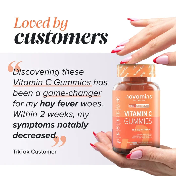 Two hands holding a bottle of Novomins Vitamin C Gummies beside a TikTok customer review headed 'Loved by customers': 'Discovering these Vitamin C Gummies has been a game-changer for my hay fever woes. Within 2 weeks, my symptoms notably decreased.'
