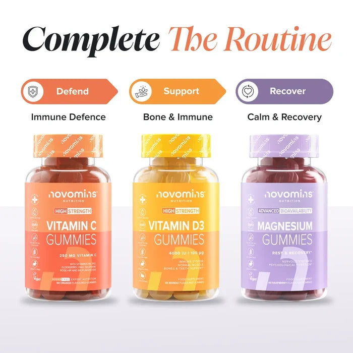 Three bottles headed 'Complete The Routine' - Vitamin C Gummies labelled Defend for immune defence, Vitamin D3 Gummies labelled Support for bone and immune health, and Magnesium Gummies labelled Recover for calm and recovery.