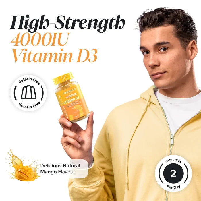 A young man in a yellow hoodie holds a bottle of Novomins Vitamin D3 Gummies, headed 'High-Strength 4000IU Vitamin D3' with a gelatin free badge, natural mango flavour and two gummies per day.