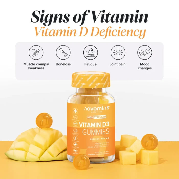 A bottle of Novomins Vitamin D3 Gummies among fresh mango pieces, beneath the heading 'Signs of Vitamin D Deficiency' with icons for muscle cramps and weakness, bone loss, fatigue, joint pain and mood changes.