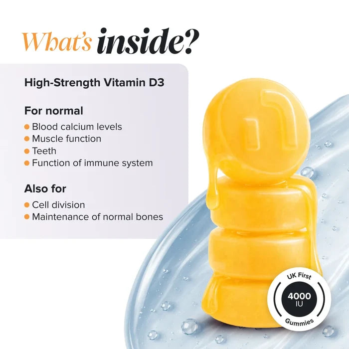Graphic headed 'What's inside?' beside a stack of glossy yellow gummies, listing high-strength vitamin D3 for normal blood calcium levels, muscle function, teeth and immune system function, and also for cell division and maintenance of normal bones, with a UK First 4000 IU gummies badge.