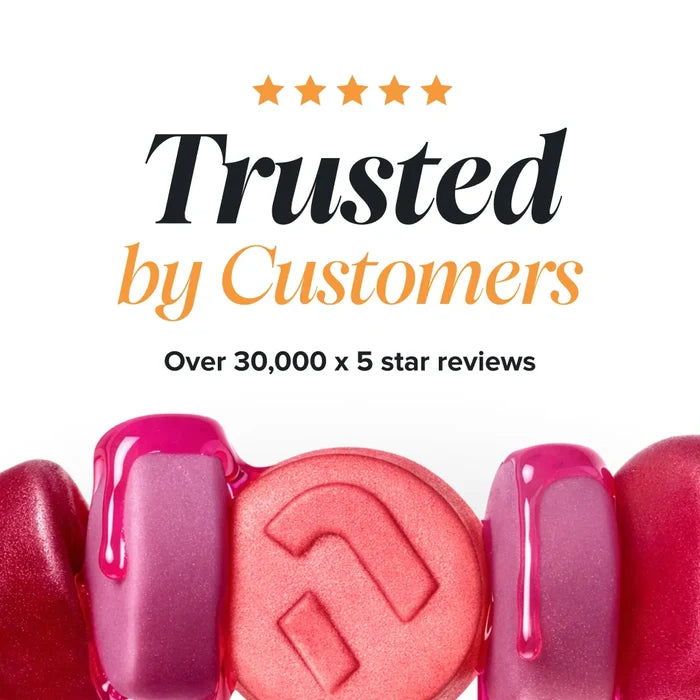 A row of glossy pink and red gummies with dripping syrup, beneath a five star rating and the heading 'Trusted by Customers, over 30,000 x 5 star reviews'.