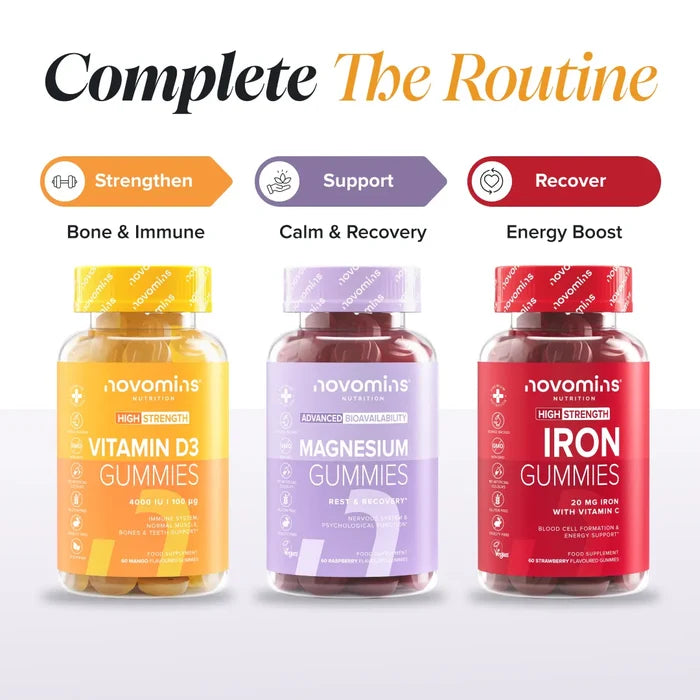 Three bottles headed 'Complete The Routine' - Vitamin D3 Gummies labelled Strengthen for bone and immune, Magnesium Gummies labelled Support for calm and recovery, and Iron Gummies labelled Recover for energy boost.