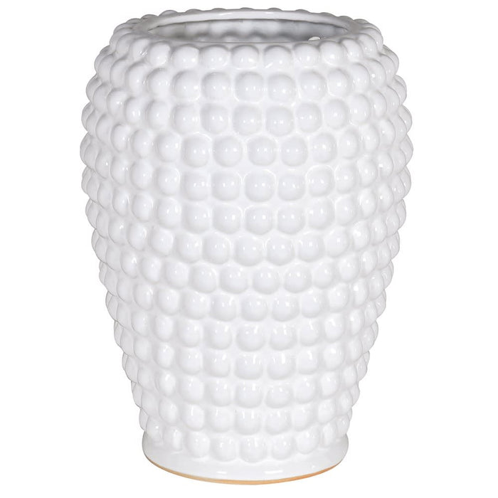 A white ceramic vase with a textured, bubble-like raised pattern, shown against a plain white background.
