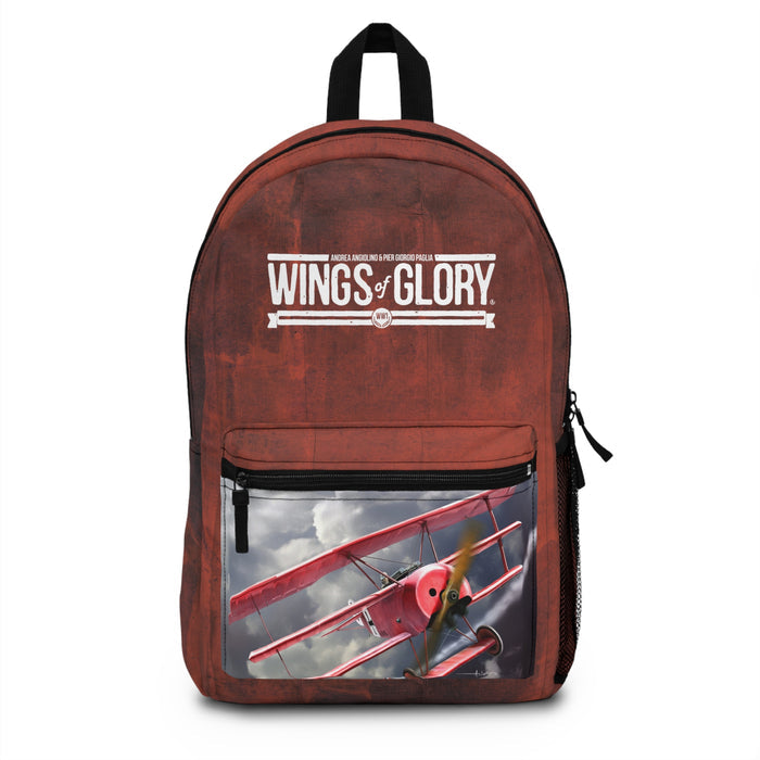 Wings Of Glory WW1 Backpack featuring a vintage airplane design and a front zip pocket