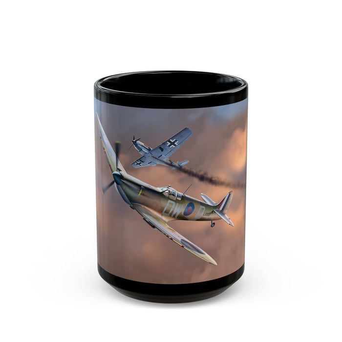 Wings Of Glory WW2 Black Mug 11oz 15oz featuring vintage fighter planes in an aerial battle scene