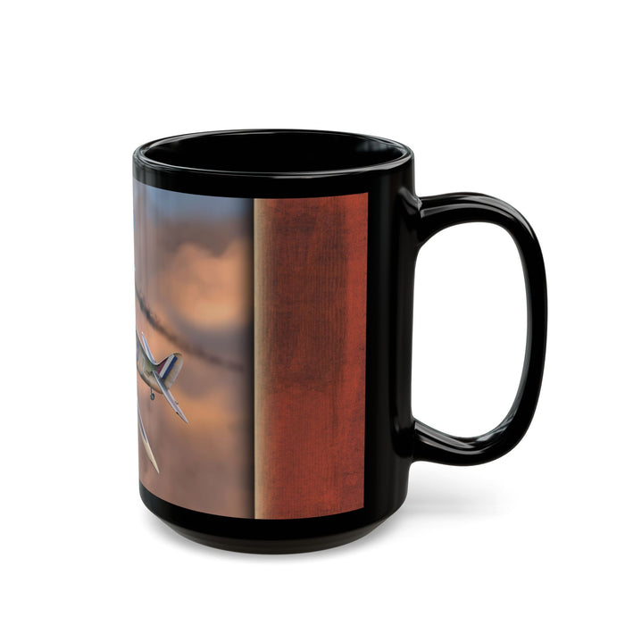 Wings Of Glory WW2 Black Mug 11oz 15oz featuring an airplane design on a black ceramic finish