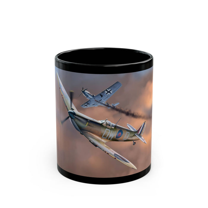 Wings Of Glory WW2 Black Mug 11oz 15oz featuring a vintage aircraft design in action
