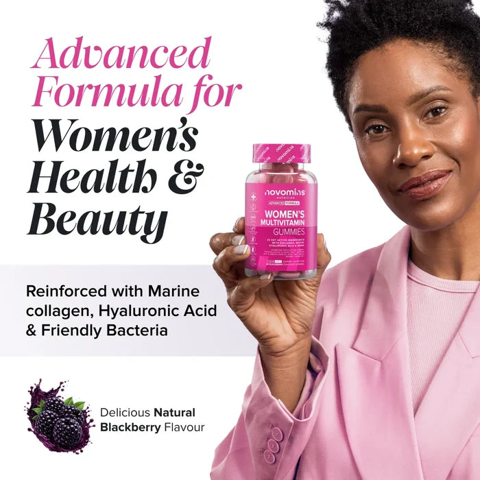 A smiling woman in a pink blazer holds a bottle of Novomins Women's Multivitamin Gummies beside the heading 'Advanced Formula for Women's Health & Beauty', noting the formula is reinforced with marine collagen, hyaluronic acid and friendly bacteria, in a natural blackberry flavour.