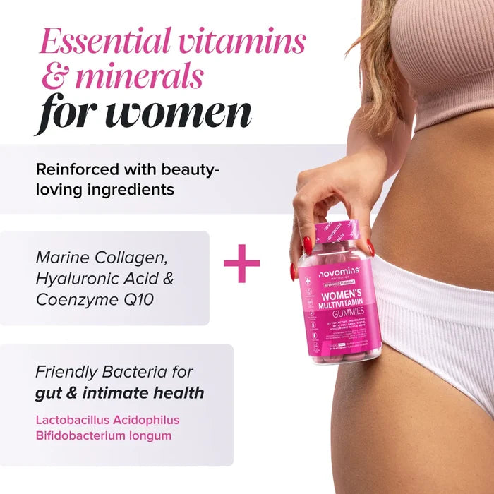 A woman in underwear holds a bottle of Novomins Women's Multivitamin Gummies at her hip beside the heading 'Essential vitamins & minerals for women', listing marine collagen, hyaluronic acid and coenzyme Q10 plus friendly bacteria for gut and intimate health, namely Lactobacillus acidophilus and Bifidobacterium longum.