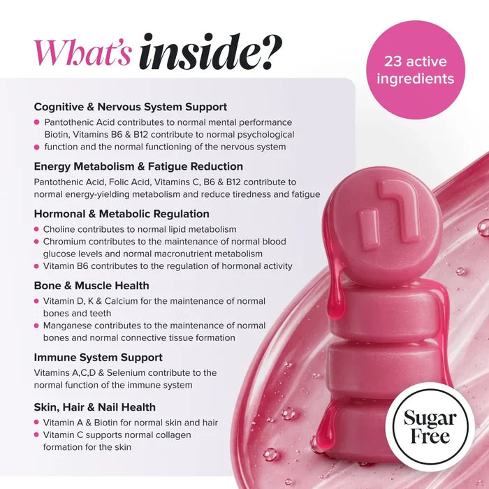 Graphic headed 'What's inside?' with a 23 active ingredients badge and a stack of pink gummies, grouping benefits into cognitive and nervous system support, energy metabolism and fatigue reduction, hormonal and metabolic regulation, bone and muscle health, immune system support, and skin, hair and nail health, with a sugar free badge.