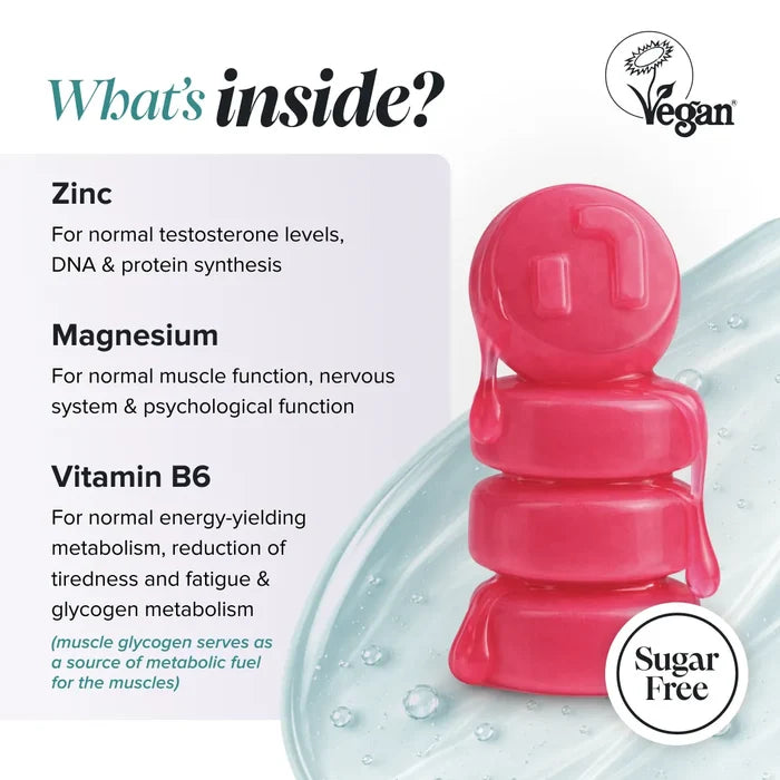 Graphic headed 'What's inside?' with a Vegan Society logo and a sugar free badge, beside a stack of glossy pink gummies, listing zinc for normal testosterone levels and DNA and protein synthesis, magnesium for normal muscle function and nervous system and psychological function, and vitamin B6 for energy-yielding metabolism, reduction of tiredness and fatigue and glycogen metabolism.