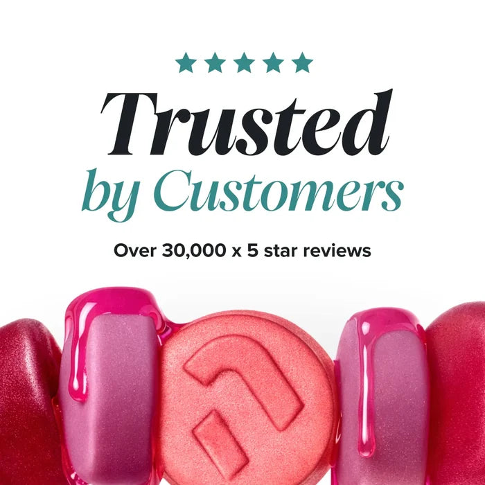 A row of glossy pink and red gummies with dripping syrup, beneath a five star rating and the heading 'Trusted by Customers, over 30,000 x 5 star reviews'.