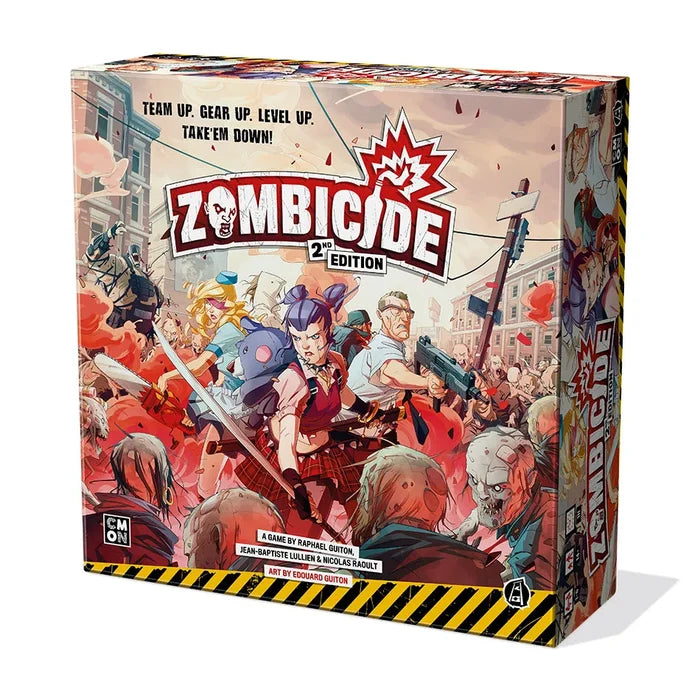 Zombicide 2E Core Set board game box featuring dynamic artwork and character illustrations