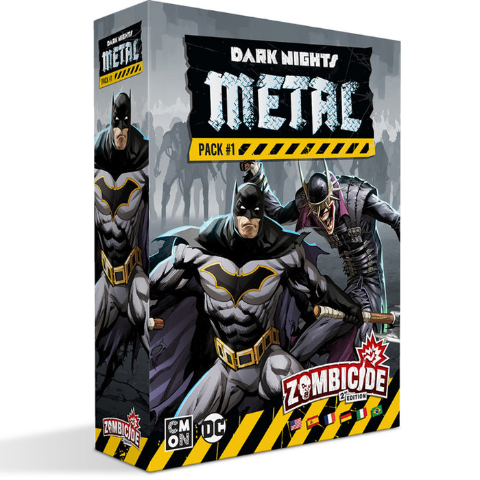 Zombicide 2nd Edition: Dark Nights Metal - Pack 1 box featuring Batman and villains art for tabletop gaming enthusiasts