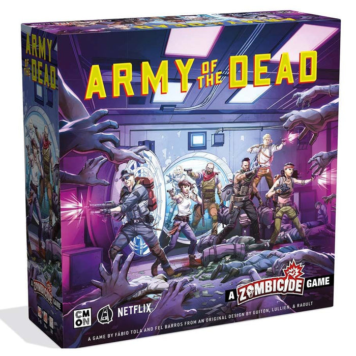 Zombicide Army Of The Dead board game box featuring characters in a zombie survival scene