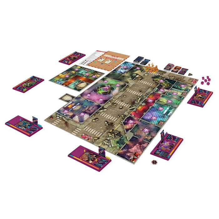Zombicide Army Of The Dead Board Game Set Up Featuring Game Board, Cards, and Tokens