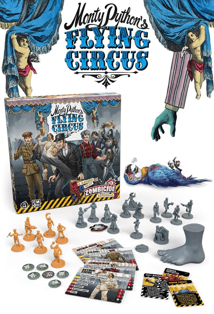 Zombicide Expansion: Monty Python's Flying Circus game box with miniatures and game components displayed
